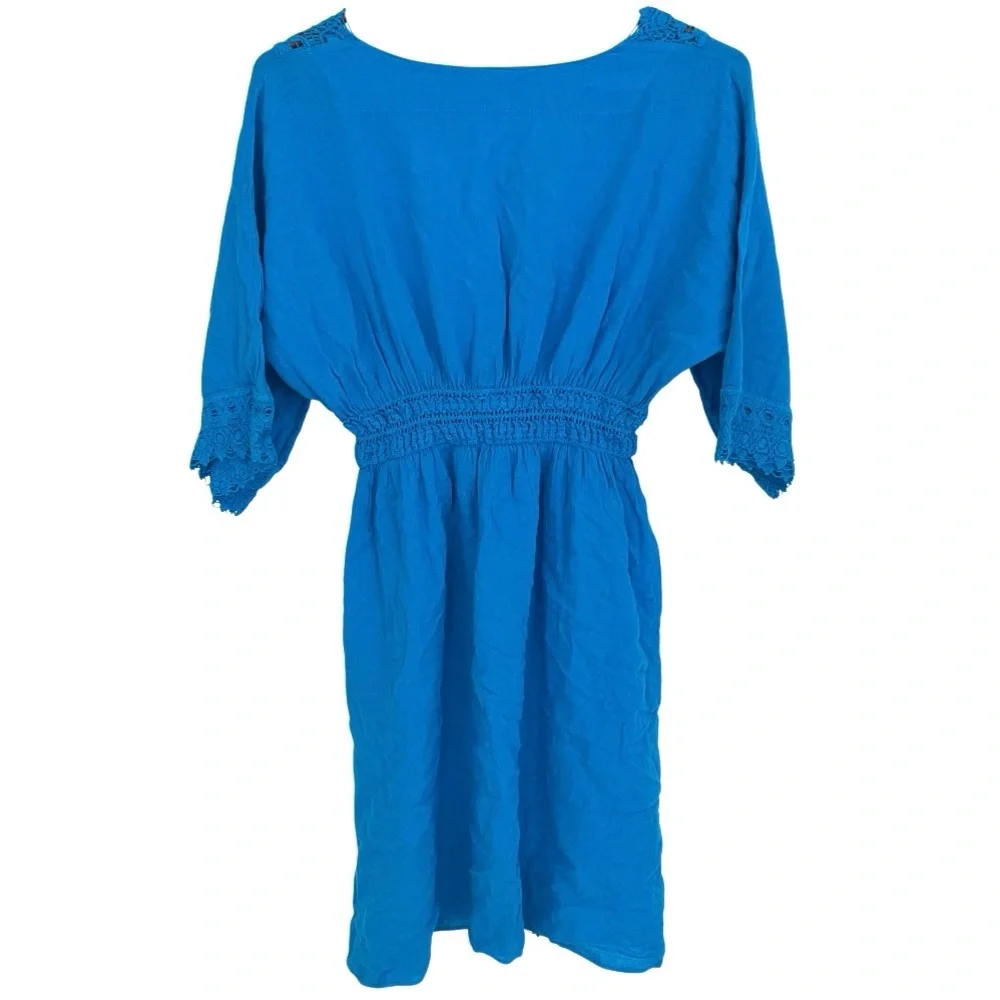 Blue Swim Cover Up Dress Womens S Lace Trim Beaded Ties Elastic Waist Beach Pool - Picture 2 of 7